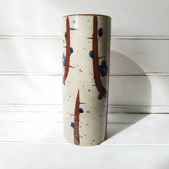 JAPANESE STONEWARE Cylindrical Vase Vintage Rustic - Picture 3 of 8